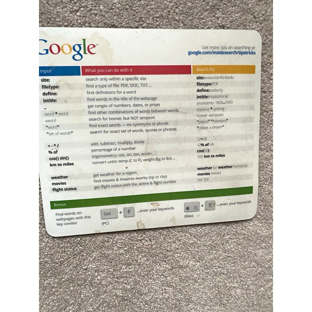 Google Search Tips & Shortcuts Quick Reference Card Mouse Pad. Vintage 90s